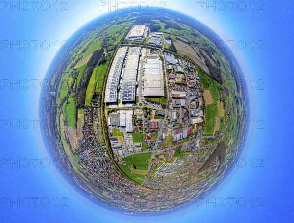 Aerial view, industrial area west in Werne with Amazon Logistics, Imperial Industrial Logistics and Hellmann Worldwide Logistic, earth globe, fisheye image, fisheye image, 360 degree image, tiny world, little planet, fisheye image, Werne, Ruhr area, North Rhine-Westphalia, Germany, DE, Europe, fisheye lens, fisheye lens, commercial enterprises, commercial area, commercial area, commercial property, commercial park, commercial location, commercial use, industrial area, industrial location, aerial photography, aerial photography, aerial photography, Münsterland, super wide angle lens, overview, bird's eye view, birds-eyes view, fisheye lens, insta360 camera, overview