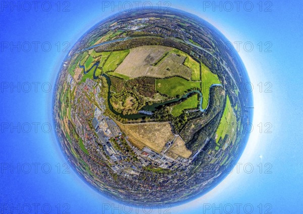 Aerial view, Lippe floodplain nature reserve with river Lippe meander and Lippe floodplain waterfall, globe, fisheye image, 360 degree image, tiny world, little planet, fisheye image, Rünthe, Bergkamen, Ruhr area, North Rhine-Westphalia, Germany, DE, Europe, fisheye lens, fisheye lens, aerial photography, aerial photography, aerial photography, Münsterland, super wide angle lens, overview, bird's eye view, Werne, birds-eyes view, fisheye lens, insta360 camera, overview