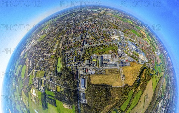 Aerial view, former. Werne colliery shaft 1/2, brownfield area Flöz-Zollverein-Straße, globe, fisheye image, 360 degree image, tiny world, little planet, fisheye image, Werne, Ruhr area, North Rhine-Westphalia, Germany, DE, Europe, fisheye lens, fisheye lens, aerial view, aerial photography, aerial photography, Münsterland, super wide angle lens, overview, bird's eye view, birds-eyes view, fisheye lens, insta360 camera, overview