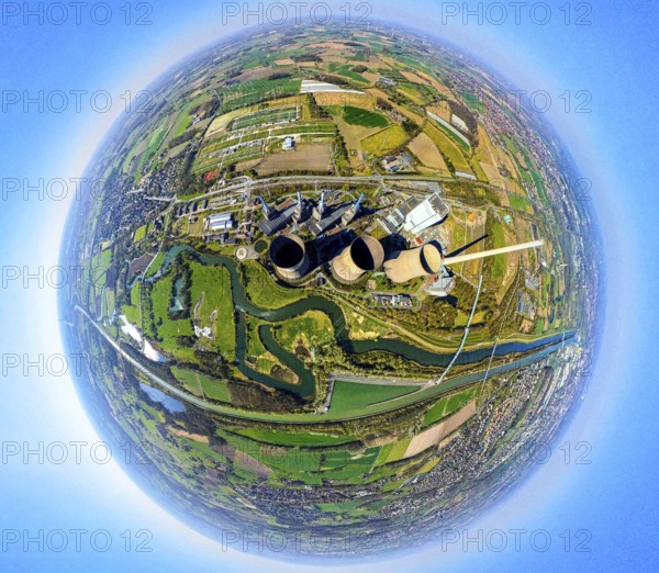 Aerial view, RWE Generation SE Gersteinwerk power plant with cooling towers, Lippe river and Datteln-Hamm canal, globe, fisheye image, fisheye image, 360 degree image, tiny world, little planet, fisheye image, Stockum, Werne, Ruhr area, North Rhine-Westphalia, Germany, DE, Europe, fisheye lens, fisheye lens, aerial view, aerial photography, aerial photography, Münsterland, super wide angle lens, overview, bird's eye view, birds-eyes view, fisheye lens, insta360 camera, overview
