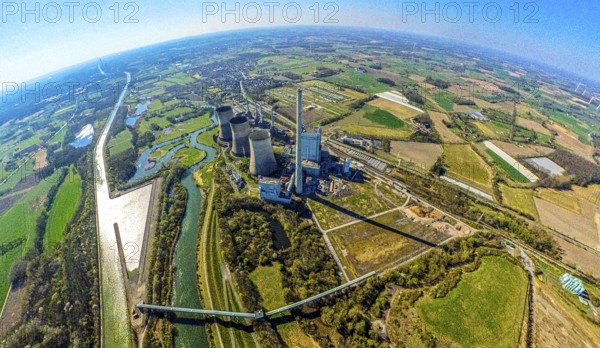 Aerial view, RWE Generation SE Gersteinwerk power plant with cooling towers, Lippe river and Datteln-Hamm canal, globe, fisheye image, fisheye image, 360 degree image, tiny world, little planet, fisheye image, Stockum, Werne, Ruhr area, North Rhine-Westphalia, Germany, DE, Europe, fisheye lens, fisheye lens, aerial view, aerial photography, aerial photography, Münsterland, super wide angle lens, overview, bird's eye view, birds-eyes view, fisheye lens, insta360 camera, overview