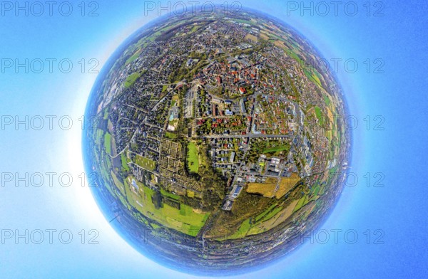 Aerial view, residential area local view Werne-Stockum, earth globe, fisheye shot, fisheye shot, 360 degree shot, tiny world, little planet, fisheye image, Werne, Ruhr area, North Rhine-Westphalia, Germany, DE, Europe, fisheye lens, fisheye lens, property tax, real estate, aerial photography, aerial photography, aerial photography, Münsterland, super wide angle lens, overview, bird's eye view, housing estate, housing and living, residential area, quality of living, residential neighbourhood, housing estate, residential area, birds-eyes view, fisheye lens, insta360 camera, overview
