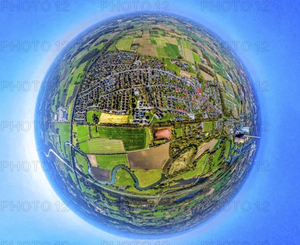 Aerial view, residential area local view Werne-Stockum, earth globe, fisheye shot, fisheye shot, 360 degree shot, tiny world, little planet, fisheye image, Werne, Ruhr area, North Rhine-Westphalia, Germany, DE, Europe, fisheye lens, fisheye lens, property tax, real estate, aerial photography, aerial photography, aerial photography, Münsterland, super wide angle lens, overview, bird's eye view, housing estate, housing and living, residential area, quality of living, residential neighbourhood, housing estate, residential area, birds-eyes view, fisheye lens, insta360 camera, overview