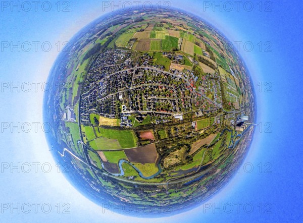 Aerial view, residential area local view Werne-Stockum, earth globe, fisheye shot, fisheye shot, 360 degree shot, tiny world, little planet, fisheye image, Werne, Ruhr area, North Rhine-Westphalia, Germany, DE, Europe, fisheye lens, fisheye lens, property tax, real estate, aerial photography, aerial photography, aerial photography, Münsterland, super wide angle lens, overview, bird's eye view, housing estate, housing and living, residential area, quality of living, residential neighbourhood, housing estate, residential area, birds-eyes view, fisheye lens, insta360 camera, overview