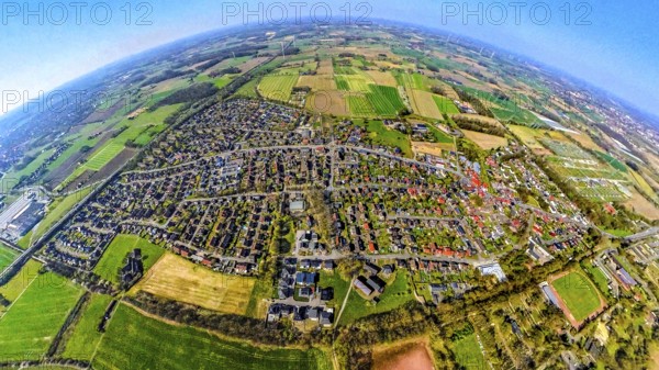 Aerial view, residential area local view Werne-Stockum, earth globe, fisheye shot, fisheye shot, 360 degree shot, tiny world, little planet, fisheye image, Werne, Ruhr area, North Rhine-Westphalia, Germany, DE, Europe, fisheye lens, fisheye lens, property tax, real estate, aerial photography, aerial photography, aerial photography, Münsterland, super wide angle lens, overview, bird's eye view, housing estate, housing and living, residential area, quality of living, residential neighbourhood, housing estate, residential area, birds-eyes view, fisheye lens, insta360 camera, overview