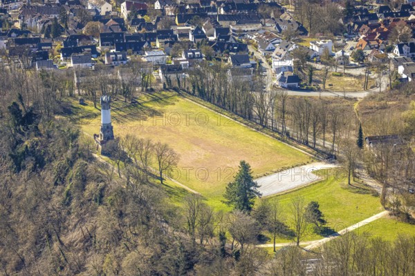 Aerial view, Harkort tower and sports field, viewing platform, Wetter, Ruhr area, North Rhine-Westphalia, Germany, observation tower, DE, Europe, aerial view, aerial photography, aerial photography, sports field, tower, overview, bird's eye view, Wetter (Ruhr), birds-eyes view, overview