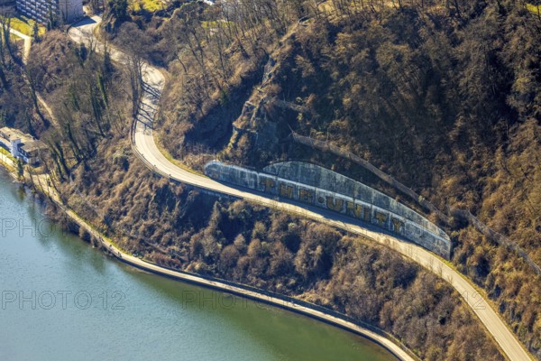 Aerial view, beach path - hiking trail and cycle path at the Harkortsee, catchment grid on the mountain and graffiti lettering The Unity, Wetter, Ruhr area, North Rhine-Westphalia, Germany, DE, Europe, aerial view, aerial photography, aerial photography, overview, bird's-eye view, Wetter (Ruhr), birds-eyes view, overview