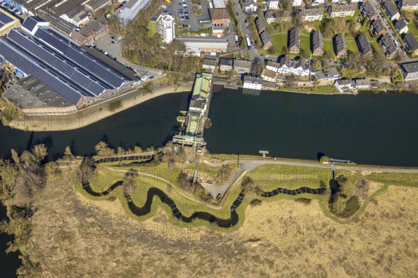 Aerial view, Harkort Weir power station with fish ladder at the Obergraben, HSOS Industrial Services GmbH industrial plant supplier with solar roof, Wetter, Ruhr area, North Rhine-Westphalia, Germany, DE, Europe, aerial view, aerial photography, aerial photography, overview, bird's-eye view, Wetter (Ruhr), birds-eyes view, overview