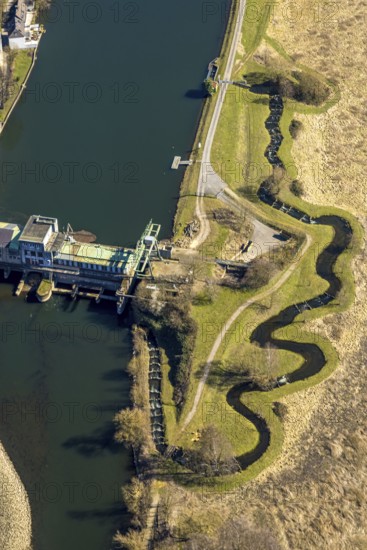 Aerial view, Harkort Weir power station with fish ladder at the Obergraben, Wetter, Ruhr area, North Rhine-Westphalia, Germany, DE, Europe, aerial view, aerial photography, aerial photography, overview, bird's-eye view, Wetter (Ruhr), birds-eyes view, overview