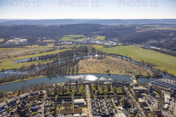 Aerial view, residential area Ringstraße am Obergraben and river Ruhr with community waterworks Volmarstein, behind commercial area Volmarsteiner Straße with Remystahl GmbH & Co. KG, forest and hilly landscape, Wetter, Ruhr area, North Rhine-Westphalia, Germany, DE, Europe, river, commercial enterprises, commercial area, commercial area, commercial property, commercial park, commercial location, commercial use, property tax, real estate, industrial area, industrial location, aerial view, aerial photography, aerial photography, overview, bird's eye view, forest, Wetter (Ruhr), residential area, living and life, residential area, residential quality, residential neighbourhood, housing estate, residential district, bird's eye view, overview