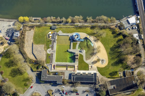 Aerial view, nature outdoor swimming pool with water slide, Wetter, Ruhr area, North Rhine-Westphalia, Germany, DE, Europe, aerial view, aerial photography, aerial photography, overview, bird's-eye view, Wetter (Ruhr), birds-eyes view, overview