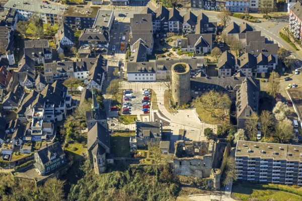 Aerial view, old town Wetter with castle Wetter (round tower), protestant parish Wetter-Freiheit KIrche, Wetter, Ruhr area, North Rhine-Westphalia, Germany, place of worship, castle, DE, Europe, religious community, place of worship, holy place, church, parish, denomination, aerial view, aerial photography, aerial photography, religion, religious site, overview, bird's-eye view, Wetter (Ruhr), birds-eyes view, overview