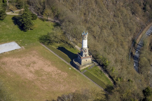 Aerial view, Harkort tower and sports field, viewing platform, Wetter, Ruhr area, North Rhine-Westphalia, Germany, observation tower, DE, Europe, aerial view, aerial photography, aerial photography, sports field, tower, overview, bird's eye view, Wetter (Ruhr), birds-eyes view, overview