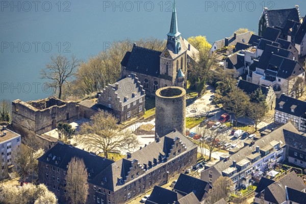 Aerial view, old town Wetter with castle Wetter (round tower), protestant parish Wetter-Freiheit KIrche, Wetter, Ruhr area, North Rhine-Westphalia, Germany, place of worship, castle, DE, Europe, religious community, place of worship, holy place, church, parish, denomination, aerial view, aerial photography, aerial photography, religion, religious site, overview, bird's-eye view, Wetter (Ruhr), birds-eyes view, overview