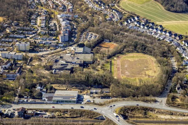 Aerial view, Geschwister-Scholl-Gymnasium and indoor swimming pool, sports facility and tennis courts TuS Wengern 1879 e.V. at Hoffmann-von-Fallersleben-Straße, Volmarstein, Wetter, Ruhr area, North Rhine-Westphalia, Germany, DE, Europe, aerial view, aerial photography, aerial photography, overview, bird's-eye view, Wetter (Ruhr), birds-eyes view, overview