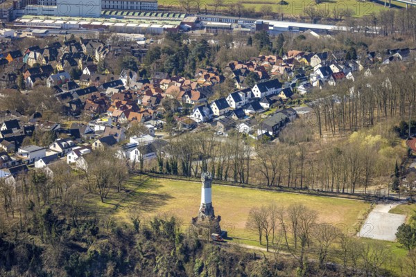 Aerial view, Harkortturm and sports field, viewing platform, view to the housing estate Stuckenholzhöhe Alt Wetter, Wetter, Ruhr area, North Rhine-Westphalia, Germany, observation tower, DE, Europe, property tax, real estate, aerial view, aerial photography, aerial photography, sports field, tower, overview, bird's eye view, Wetter (Ruhr), housing estate, housing and living, residential area, quality of living, residential neighbourhood, housing estate, residential area, birds-eyes view, overview