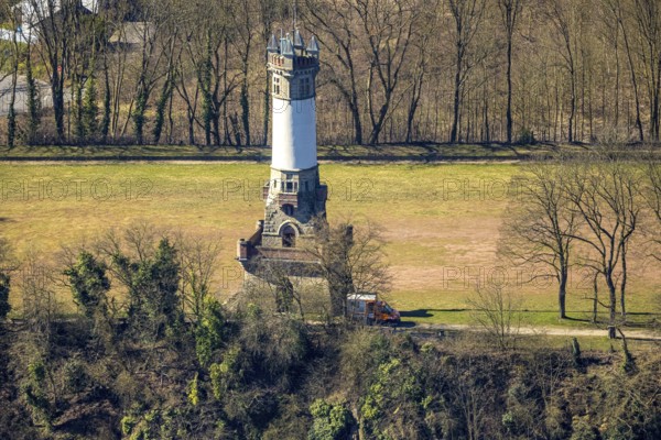 Aerial view, Harkort tower and sports field, viewing platform, Wetter, Ruhr area, North Rhine-Westphalia, Germany, observation tower, DE, Europe, aerial view, aerial photography, aerial photography, sports field, tower, overview, bird's eye view, Wetter (Ruhr), birds-eyes view, overview