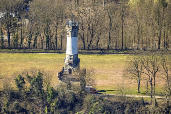 Aerial view, Harkort tower and sports field, viewing platform, Wetter, Ruhr area, North Rhine-Westphalia, Germany, observation tower, DE, Europe, aerial view, aerial photography, aerial photography, sports field, tower, overview, bird's eye view, Wetter (Ruhr), birds-eyes view, overview