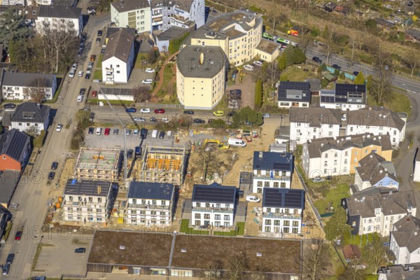 Aerial view, construction site with new residential buildings on Steinstraße, behind senior citizens' residence Wetter Dr. med. Lührmann & Partner Residenzen für Senioren GmbH, in front day care centre Tausendfüßler, Wetter, Ruhr area, North Rhine-Westphalia, Germany, retirement home, old people's home, construction work, construction area, building site, building plots, construction project, construction site, care and nursing, DE, Europe, property tax, real estate, aerial photography, aerial photography, new construction, care facility, retirement home, retirement residence, retirement home, retirement centre, overview, bird's eye view, Wetter (Ruhr), residential complex, housing and living, residential area, residential quality, residential quarter, housing estate, residential district, birds-eyes view, overview