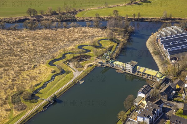 Aerial view, Harkort Weir power station with fish ladder at the Obergraben, Wetter, Ruhr area, North Rhine-Westphalia, Germany, DE, Europe, aerial view, aerial photography, aerial photography, overview, bird's-eye view, Wetter (Ruhr), birds-eyes view, overview