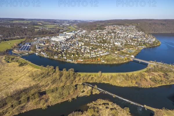 Aerial view, local view residential area with river Ruhr and Obergraben and Obergrabenbrücke Friedrichstraße, left HSOS Industrial Services GmbH industrial plant supplier with solar roof, Wetter, Ruhr area, North Rhine-Westphalia, Germany, DE, Europe, property tax, real estate, aerial view, aerial photography, aerial photography, overview, bird's-eye view, Wetter (Ruhr), residential area, housing and living, residential area, quality of living, residential neighbourhood, housing estate, residential area, birds-eyes view, overview