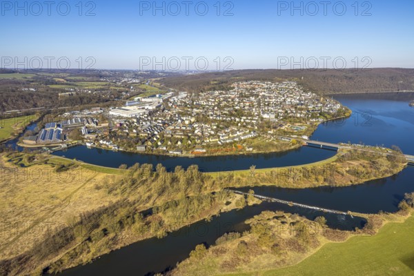 Aerial view, local view residential area with river Ruhr and Obergraben and Obergrabenbrücke Friedrichstraße, left HSOS Industrial Services GmbH industrial plant supplier with solar roof, Wetter, Ruhr area, North Rhine-Westphalia, Germany, DE, Europe, property tax, real estate, aerial view, aerial photography, aerial photography, overview, bird's-eye view, Wetter (Ruhr), residential area, housing and living, residential area, quality of living, residential neighbourhood, housing estate, residential area, birds-eyes view, overview