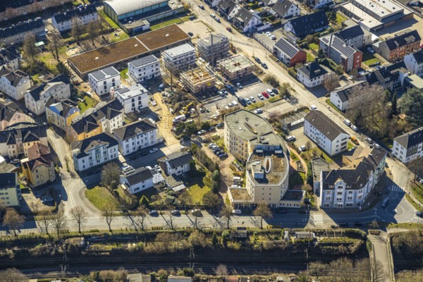 Aerial view, construction site with new residential buildings on Steinstraße, Seniorenresidenz Wetter Dr. med. Lührmann & Partner Residenzen für Senioren GmbH, above Kita Kindergarten Tausendfüßler, Wetter, Ruhr area, North Rhine-Westphalia, Germany, retirement home, retirement home, old people's home, construction work, construction area, building site, building plots, construction project, construction site, care and nursing, DE, Europe, property tax, real estate, aerial photography, aerial photography, new construction, care facility, retirement home, retirement residence, retirement home, retirement centre, overview, bird's-eye view, Wetter (Ruhr), residential complex, housing and living, residential area, residential quality, residential quarter, housing estate, residential district, birds-eyes view, overview