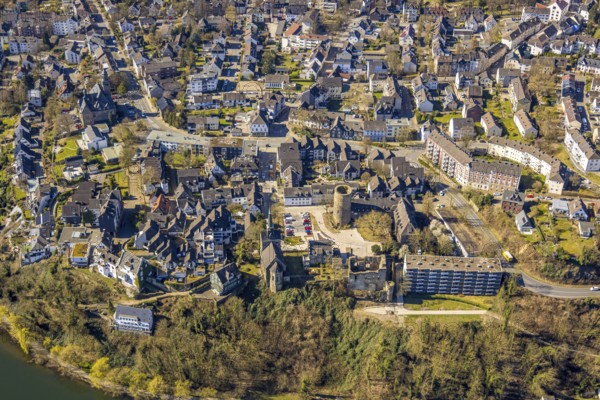 Aerial view, old town Wetter with castle Wetter (round tower), protestant parish Wetter-Freiheit KIrche, Wetter, Ruhr area, North Rhine-Westphalia, Germany, place of worship, castle, DE, Europe, religious community, place of worship, holy place, church, parish, denomination, aerial view, aerial photography, aerial photography, religion, religious site, overview, bird's-eye view, Wetter (Ruhr), birds-eyes view, overview