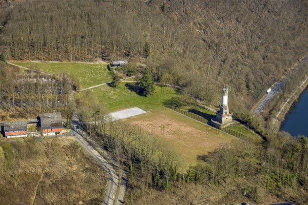 Aerial view, Harkort tower and sports field, viewing platform, Wetter, Ruhr area, North Rhine-Westphalia, Germany, observation tower, DE, Europe, aerial view, aerial photography, aerial photography, sports field, tower, overview, bird's eye view, Wetter (Ruhr), birds-eyes view, overview