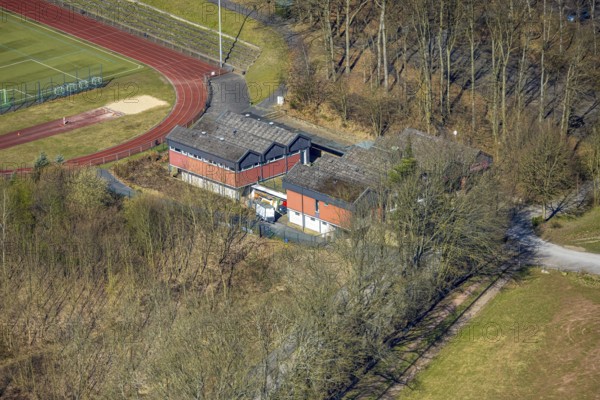 Aerial view, clubhouse at the sports ground of FC Wetter 1910/30 at the Harkortbergstadion football stadium, Wetter, Ruhr area, North Rhine-Westphalia, Germany, DE, Europe, football, aerial view, aerial photography, aerial photography, stadium, overview, bird's-eye view, Wetter (Ruhr), birds-eyes view, overview
