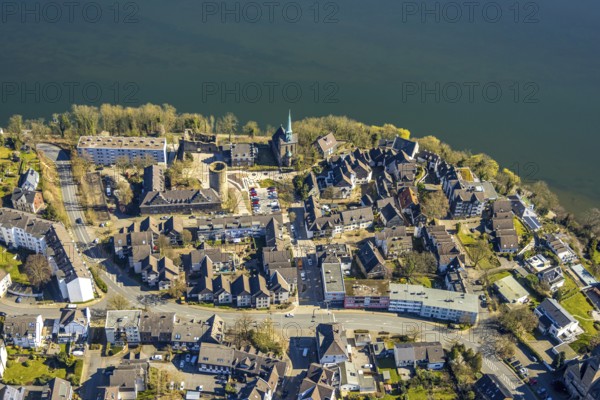 Aerial view, old town Wetter with castle Wetter (round tower), protestant parish Wetter-Freiheit KIrche, Wetter, Ruhr area, North Rhine-Westphalia, Germany, place of worship, castle, DE, Europe, religious community, place of worship, holy place, church, parish, denomination, aerial view, aerial photography, aerial photography, religion, religious site, overview, bird's-eye view, Wetter (Ruhr), birds-eyes view, overview