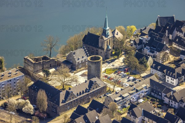 Aerial view, old town Wetter with castle Wetter (round tower), protestant parish Wetter-Freiheit KIrche, Wetter, Ruhr area, North Rhine-Westphalia, Germany, place of worship, castle, DE, Europe, religious community, place of worship, holy place, church, parish, denomination, aerial view, aerial photography, aerial photography, religion, religious site, overview, bird's-eye view, Wetter (Ruhr), birds-eyes view, overview
