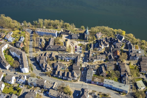 Aerial view, old town Wetter with castle Wetter (round tower), protestant parish Wetter-Freiheit KIrche, Wetter, Ruhr area, North Rhine-Westphalia, Germany, place of worship, castle, DE, Europe, religious community, place of worship, holy place, church, parish, denomination, aerial view, aerial photography, aerial photography, religion, religious site, overview, bird's-eye view, Wetter (Ruhr), birds-eyes view, overview