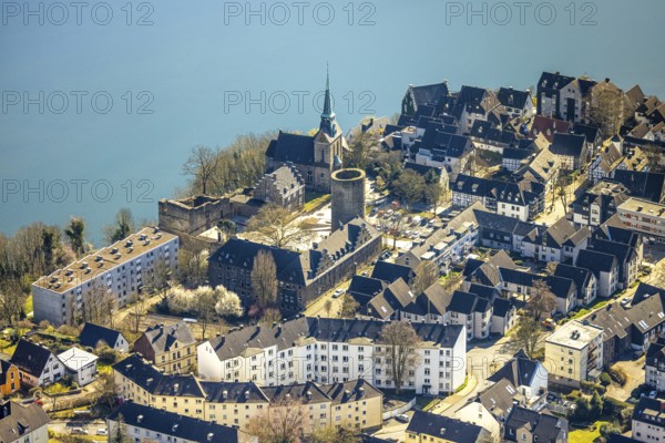Aerial view, old town Wetter with castle Wetter (round tower), protestant parish Wetter-Freiheit KIrche, Wetter, Ruhr area, North Rhine-Westphalia, Germany, place of worship, castle, DE, Europe, religious community, place of worship, holy place, church, parish, denomination, aerial view, aerial photography, aerial photography, religion, religious site, overview, bird's-eye view, Wetter (Ruhr), birds-eyes view, overview
