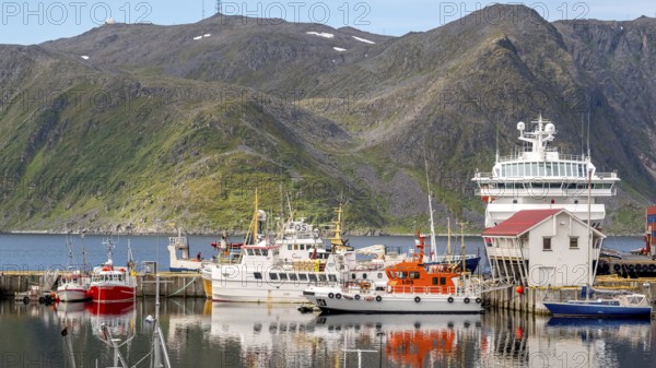 Ship MS Polarlys in the harbour of Honningsvåg, Finnmark, Norway, Scandinavia, Europe, adventure trip, mountains, boats, jetty, fishing boats, tourism, harbour, Honningsvåg, Hurtigruten, Hurtigruten trip, cruise, cruise ship, NOR, trip, destination, ship, ships, shipping, sea trip, sightseeing, tourism, Norwegian, Scandinavian, touristic