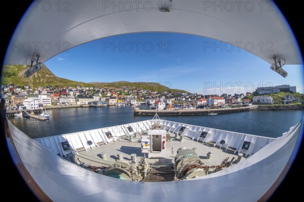 MS Polarlys, ship bow, harbour entrance, Honningsvåg, Finnmark, Norway, Scandinavia, Europe, adventure travel, tourism, harbour, harbour basin, harbour area, harbour overview, Honningsvåg, Hurtigruten, Hurtigruten voyage, cruise, cruise ship, NOR, local view, travel, destination, ship, shipping, sea voyage, sightseeing, townscape, city area, tourism, Norwegian, Scandinavian, touristic