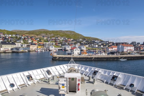 MS Polarlys, ship bow, harbour entrance, Honningsvåg, Finnmark, Norway, Scandinavia, Europe, adventure travel, tourism, harbour, harbour basin, harbour area, harbour overview, Honningsvåg, Hurtigruten, Hurtigruten voyage, cruise, cruise ship, NOR, local view, travel, destination, ship, shipping, sea voyage, sightseeing, townscape, city area, tourism, Norwegian, Scandinavian, touristic