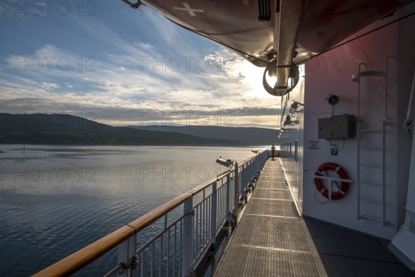 Ship railing in the evening light, Mehamn, Finnmark, Norway, Scandinavia, Europe, adventure travel, tourism, Hurtigruten, Hurtigruten voyage, cruise, cruise ship, NOR, journey, destination, railing, ship, ship MS Polarlys, shipping, sea voyage, sightseeing, tourism, Norwegian, Scandinavian, touristic