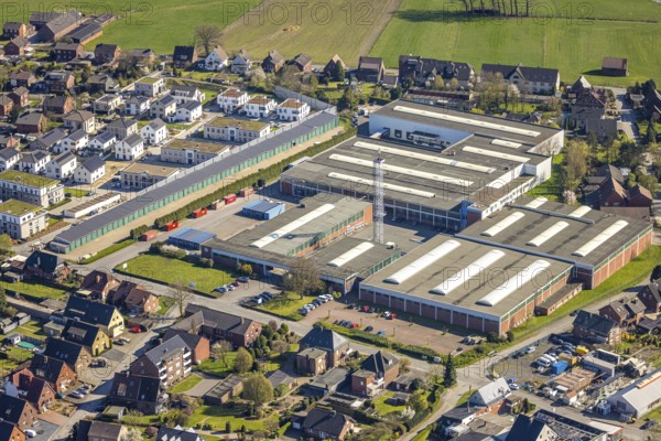 Aerial view, Baaken industrial estate with Spangenberg GmbH and satis&fy AG Werne event technology, mobile phone mast, Werne, Ruhr area, North Rhine-Westphalia, Germany, DE, Europe, aerial view, aerial photography, aerial photography, Münsterland, overview, bird's-eye view, overview
