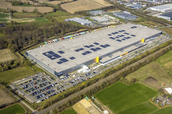 Aerial photo, Amazon logistics, Amazon DE DTM1, Lenklar, Werne, Ruhr area, North Rhine-Westphalia, Germany, DE, Europe, freight transport, logistics, logistics service, logistics service provider, logistics provider, logistics centre, aerial photo, aerial photography, aerial photography, Münsterland, forwarding, transport, transport service, overview, bird's-eye view, overview