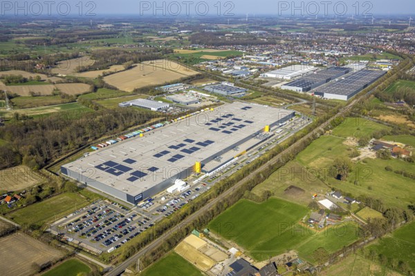 Aerial photo, Amazon logistics, Amazon DE DTM1, Lenklar, Werne, Ruhr area, North Rhine-Westphalia, Germany, DE, Europe, freight transport, logistics, logistics service, logistics service provider, logistics provider, logistics centre, aerial photo, aerial photography, aerial photography, Münsterland, forwarding, transport, transport service, overview, bird's-eye view, overview
