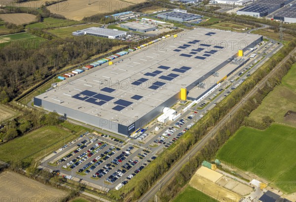 Aerial photo, Amazon logistics, Amazon DE DTM1, Lenklar, Werne, Ruhr area, North Rhine-Westphalia, Germany, DE, Europe, freight transport, logistics, logistics service, logistics service provider, logistics provider, logistics centre, aerial photo, aerial photography, aerial photography, Münsterland, forwarding, transport, transport service, overview, bird's-eye view, overview