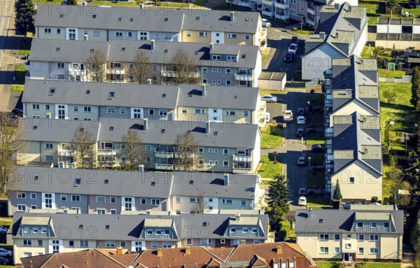 Aerial view, multi-family house, Taubenweg housing estate, Werne, Ruhr area, North Rhine-Westphalia, Germany, DE, Europe, property tax, real estate, aerial view, aerial photography, aerial photography, Münsterland, overview, bird's-eye view, housing estate, housing and living, residential area, housing quality, residential neighbourhood, housing estate, residential area, birds-eyes view, overview