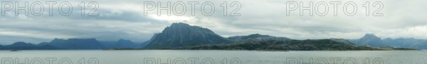 Panoramic photo, coast, Rødøy, Nordland, Norway, Scandinavia, Europe, adventure travel, tourism, mountain, mountain range, Hurtigruten, Hurtigruten voyage, cruise, coastal landscape, coastal strip, NOR, travel, destination, Rødøy, sea voyage, sightseeing, tourism, Norwegian, Scandinavian, touristic