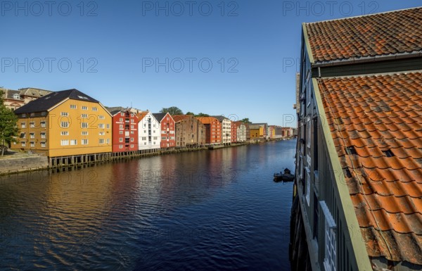Warehouse city, picturesque colourful houses and commercial buildings on the river Nidelva, pile dwellings, Trondheim, Trøndelag, Norway, Scandinavia, Europe, adventure travel, tourism, gastronomy, commercial buildings, commercial district, property tax, commercial buildings, Hurtigruten, Hurtigruten trip, real estate, cruise, NOR, travel, destination, sea voyage, sightseeing, warehouses, tourism, Trøndelag, residential area, living and living, residential area, residential buildings, residential quality, residential quarter, housing estate, blue sky, colourful house facades, near the bridge Gamle Bybro, Norwegian, Scandinavian, touristy