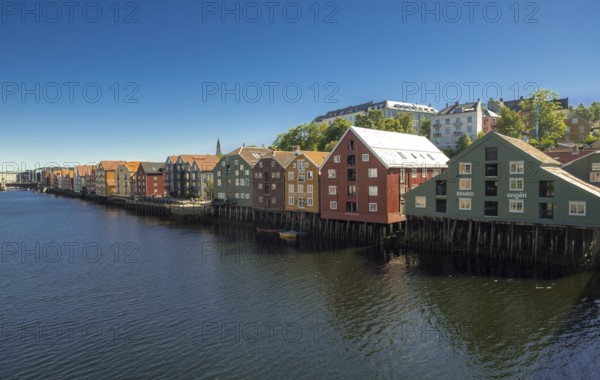 Picturesque colourful residential houses and commercial buildings on the river Nidelva, pile dwellings, Trondheim, Trøndelag, Norway, Scandinavia, Europe, adventure travel, tourism, gastronomy, commercial buildings, business district, property tax, Hurtigruten, Hurtigruten cruise, real estate, cruise, NOR, travel, destination, sea voyage, sightseeing, tourism, Trøndelag, residential area, living and living, residential area, residential buildings, residential quality, residential quarter, housing estate, colourful house facades, near the bridge Gamle Bybro, Norwegian, Scandinavian, touristic