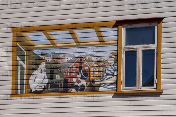 Painting on house facade, window, Trondheim, Trøndelag, Norway, Scandinavia, Europe, adventure travel, tourism, house wall, Hurtigruten, Hurtigruten trip, cruise, NOR, travel, destination, sea trip, sightseeing, tourism, Trøndelag, Norwegian, Scandinavian, touristic