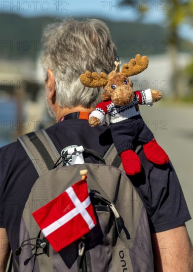 Tourist with backpack and cloth cup and Norwegian flag, travel guide, tour guide, tourist guid, Trondheim, Trøndelag, Norway, Scandinavia, Europe, adventure travel, tourism, Hurtigruten, Hurtigrutenreise, cruise, NOR, travel, destination, sea voyage, sightseeing, tourism, Trøndelag, Norwegian, Scandinavian, touristic
