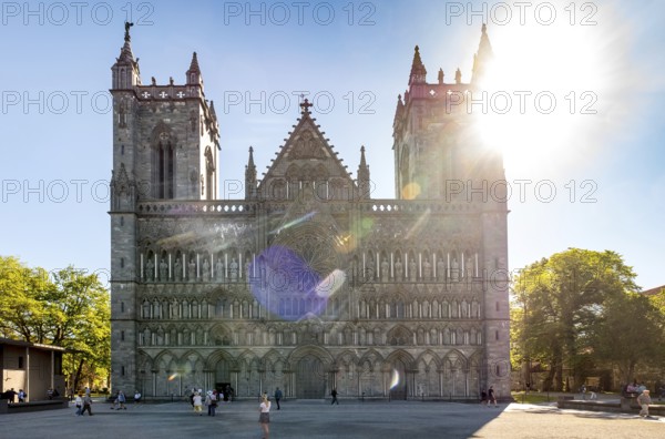 Nidaros Cathedral, cathedral, west facade, backlit, Trondheim, Trøndelag, Norway, Scandinavia, Europe, adventure trip, Office of the Presidents of the Norwegian Bishops' Conference, place of worship, Domkirke, tourism, religious community, place of worship, Hurtigruten, Hurtigruten voyage, church, church community, denomination, Kongsgårdsgata, cruise, NOR, national shrine, travel, destination, religion, sea voyage, sightseeing, tourism, Trøndelag, gothic architecture, Norwegian, Scandinavian, tourist