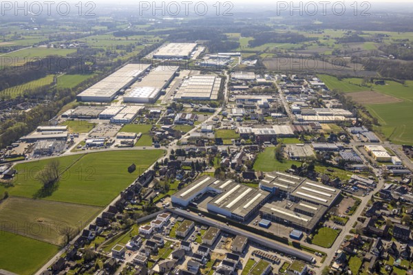 Aerial view, industrial estate West in Werne with Amazon Logistics, Imperial Industrial Logistics and Hellmann Worldwide Logistic, in front of Spangenberg GmbH and satis&fy AG Veranstaltungstechnik, Werne, Ruhr area, North Rhine-Westphalia, Germany, DE, Europe, aerial view, aerial photography, aerial photography, Münsterland, overview, bird's-eye view, overview